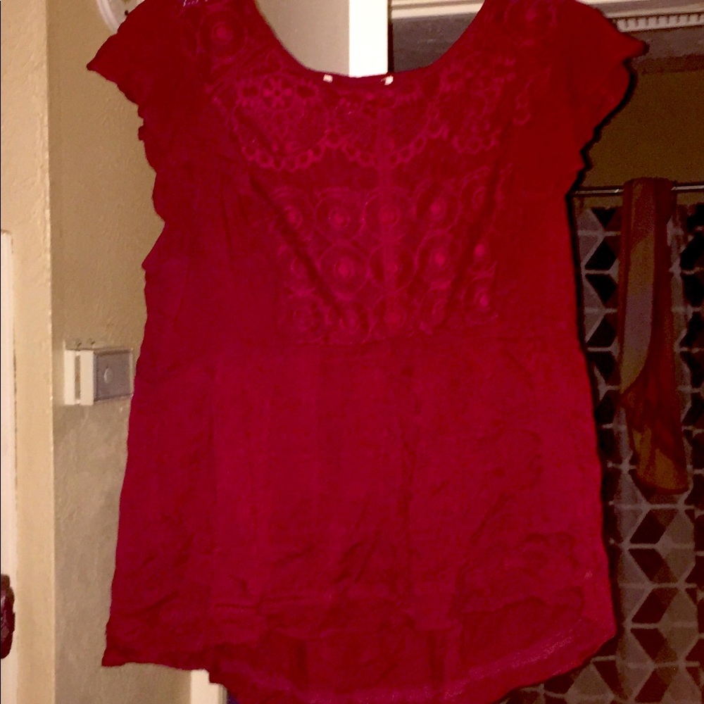 Maroonish Red, Sleeveless, Ruffled Blouse